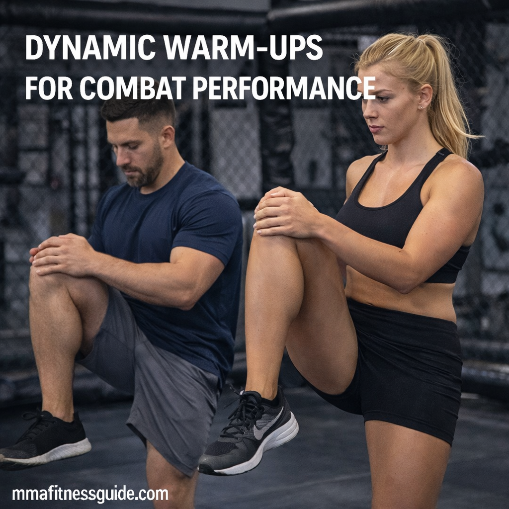 MMA athletes performing dynamic warm-up exercises in a gym to prepare for combat performance.