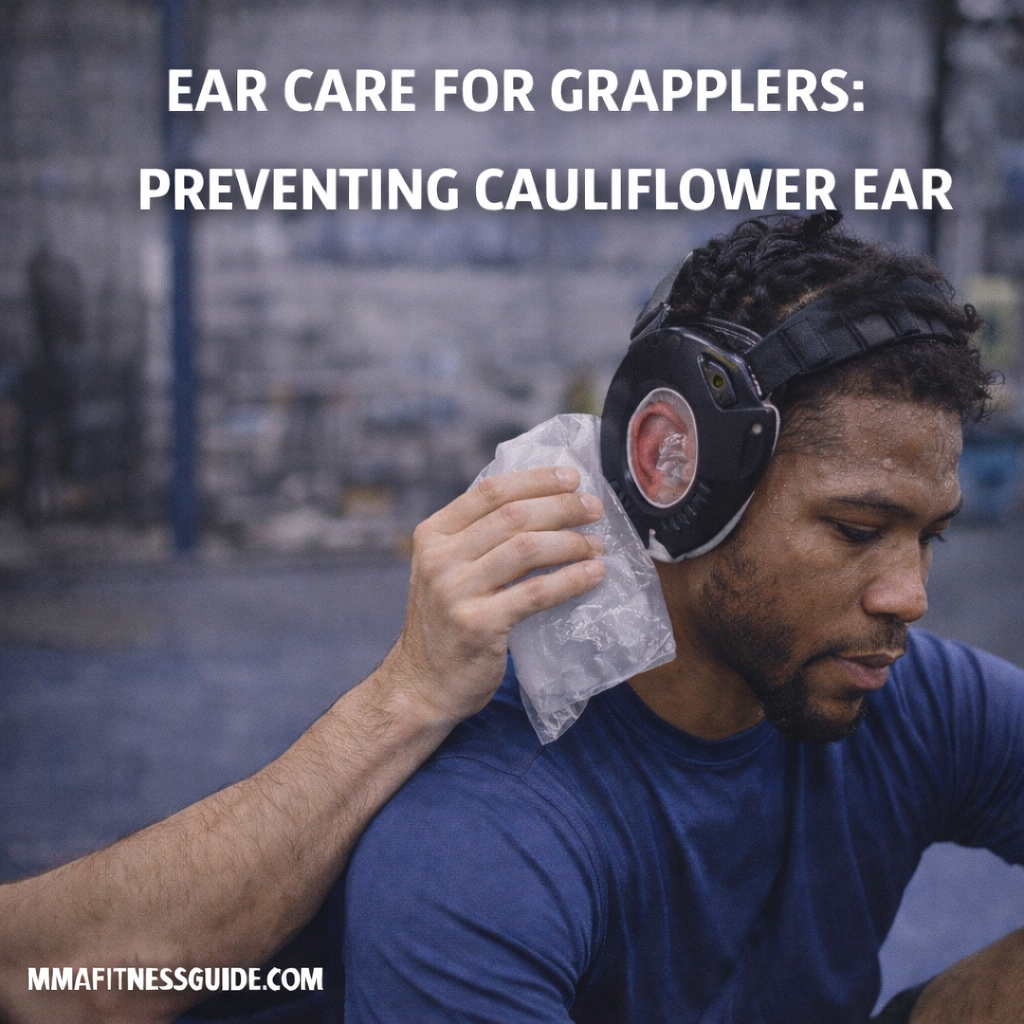 Male grappler applying an ice pack to a swollen ear while wearing headgear to prevent cauliflower ear during training.