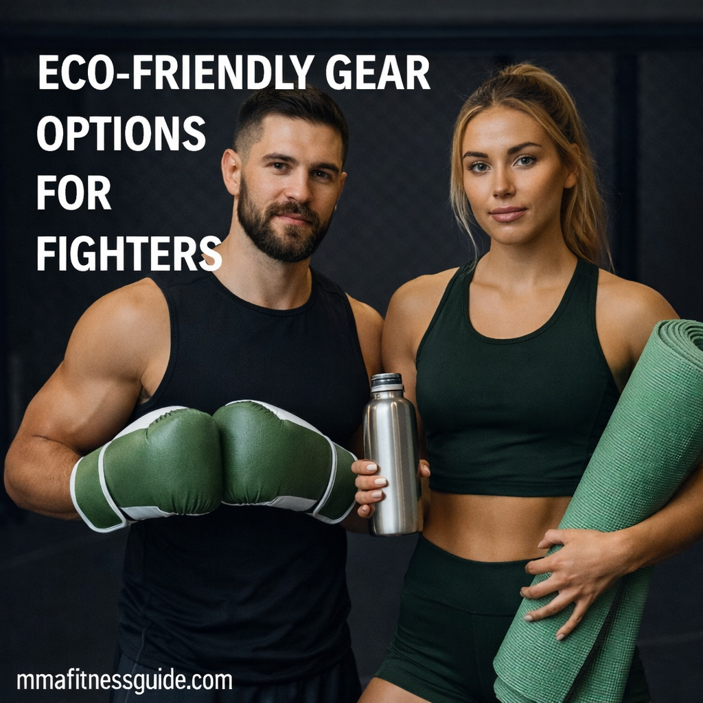 Male and female MMA fighters holding eco-friendly training gear, including sustainable gloves and reusable water bottles.