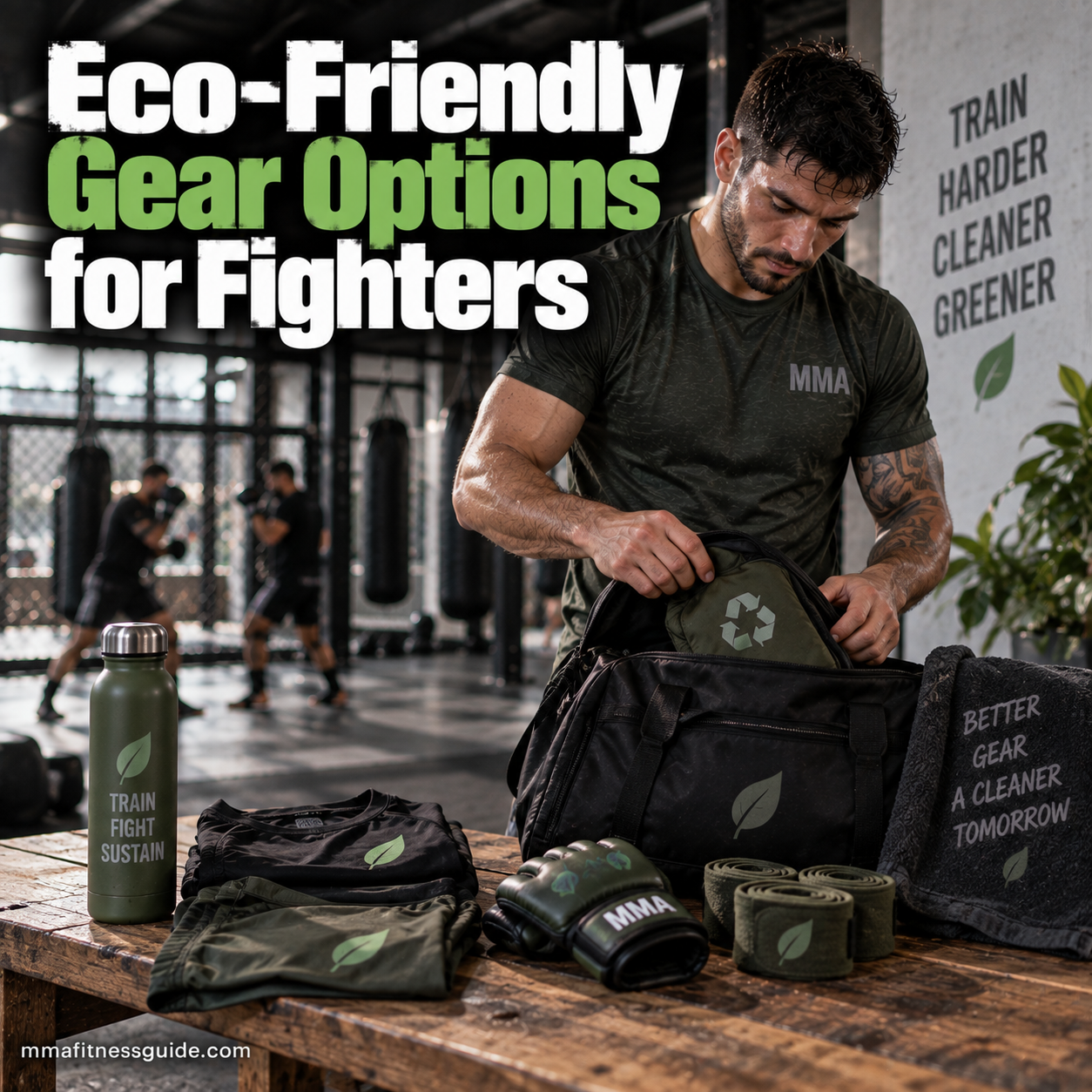 MMA fighter organizing eco-friendly training gear, reusable water bottle, gloves, wraps, and sustainable workout clothing.