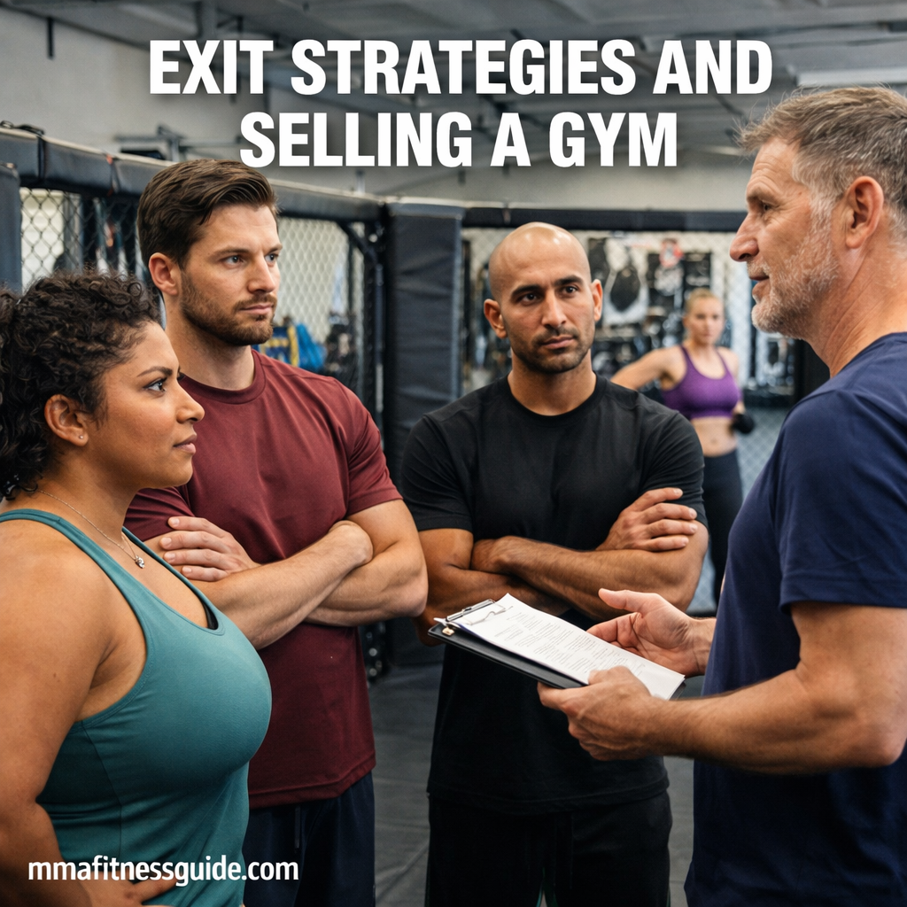 MMA gym owners and staff discussing business exit strategies inside a professional training facility.