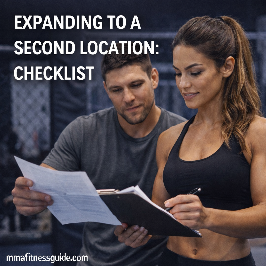 MMA gym owners reviewing documents inside a training facility while planning expansion to a second location.