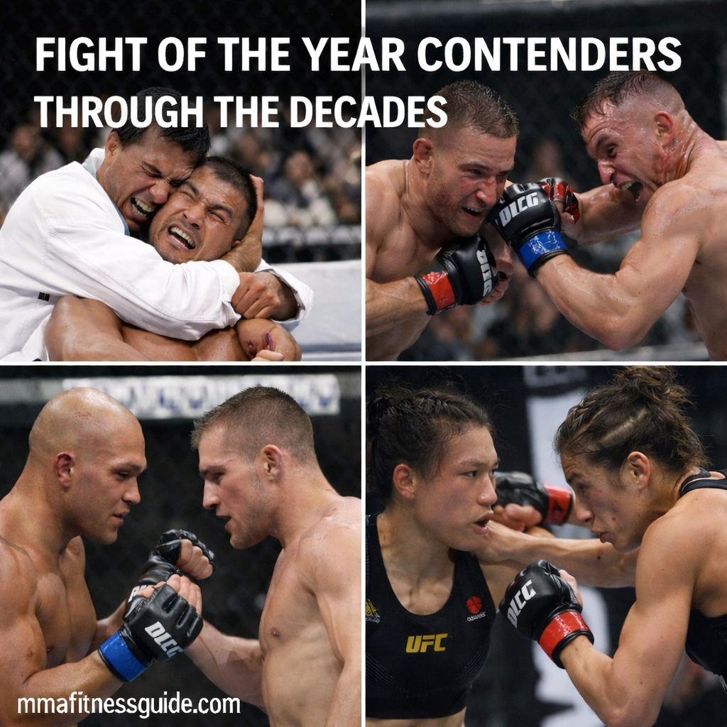 Iconic MMA fighters competing in legendary bouts that defined Fight of the Year contenders across multiple decades.