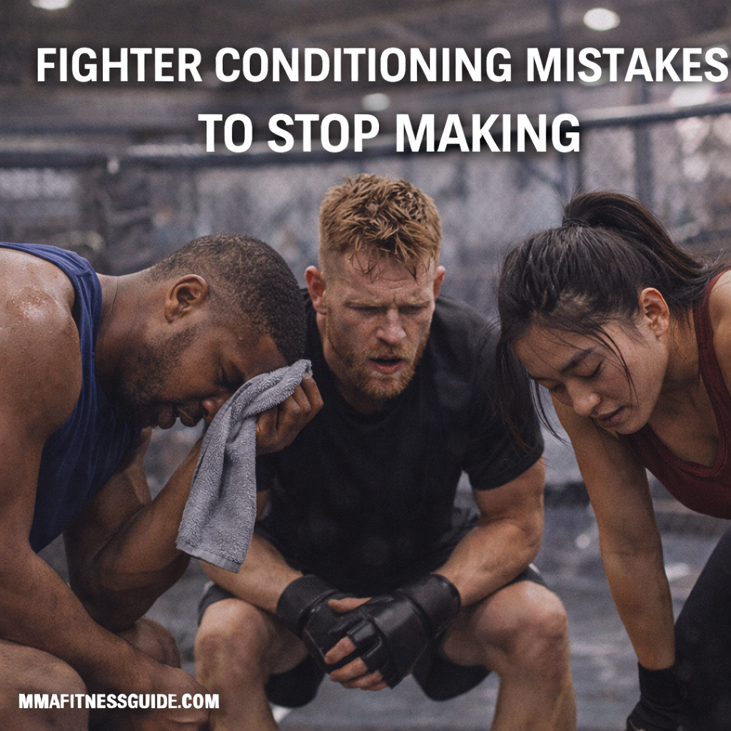 MMA fighters exhausted during a conditioning session in the gym, illustrating common fighter conditioning mistakes that reduce performance and recovery.