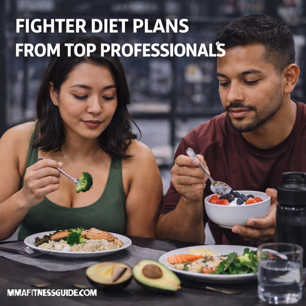 MMA fighters eating balanced, performance-focused meals in a gym setting, illustrating professional diet plans that support training, recovery, and strength.