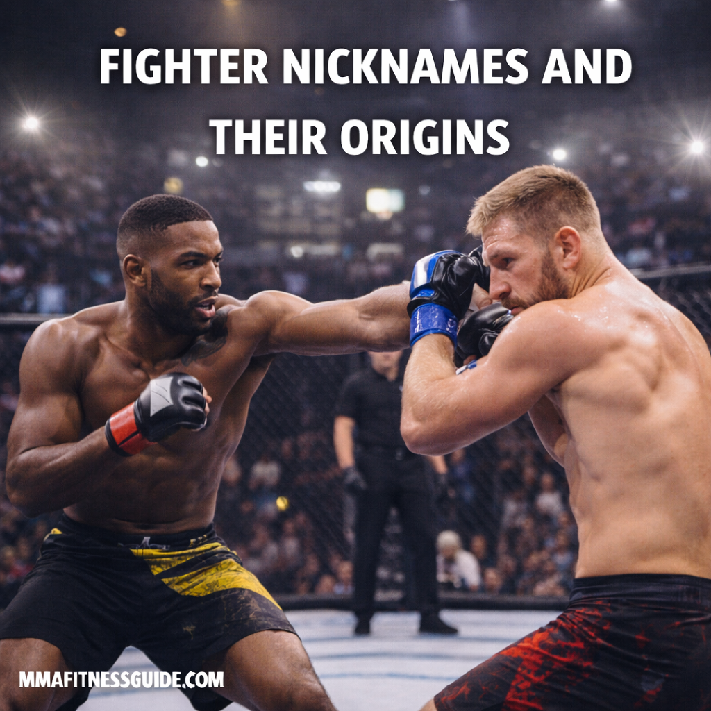 Two MMA fighters exchanging punches inside a brightly lit octagon, representing the culture and history behind iconic fighter nicknames.