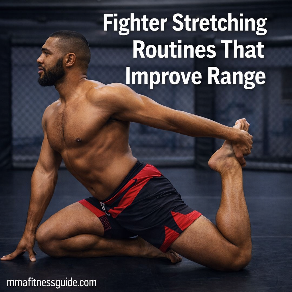 MMA fighter performing a dynamic stretching routine in the gym to improve range of motion and mobility.