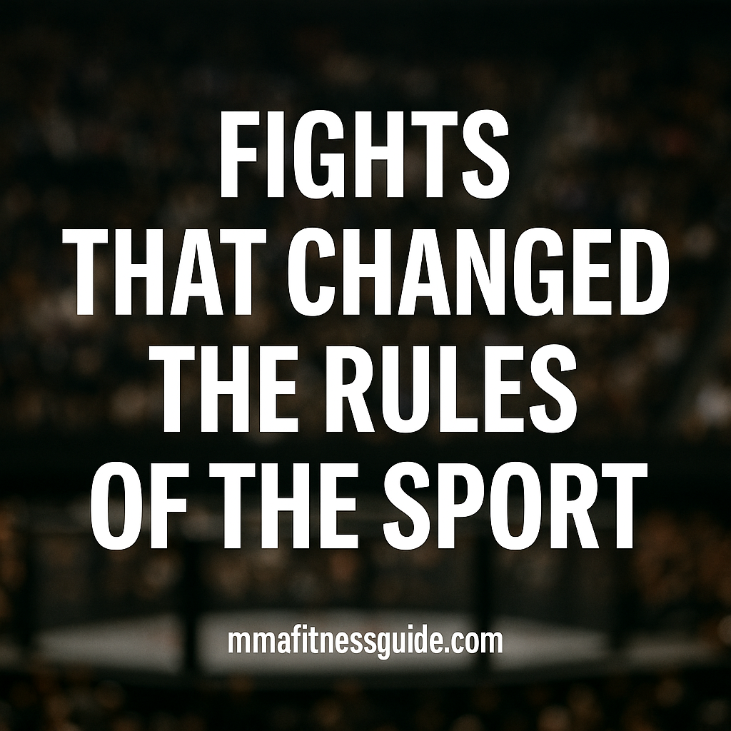 A bold title graphic reading “Fights That Changed the Rules of the Sport” over a blurred MMA arena background, with the mmafitnessguide.com watermark at the bottom.