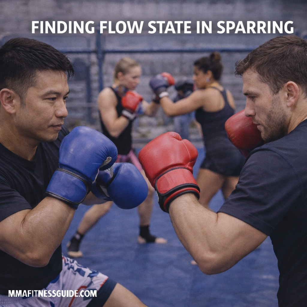 MMA fighters sparring in a gym with focused movement and calm intensity, illustrating flow state during live training.