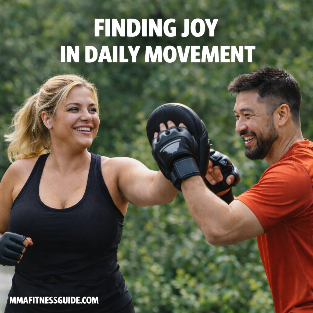 MMA athletes enjoying light pad work outdoors, during relaxed training.