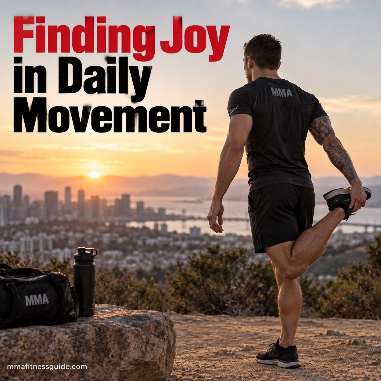 MMA athlete stretching outdoors at sunset while enjoying light daily movement and recovery.