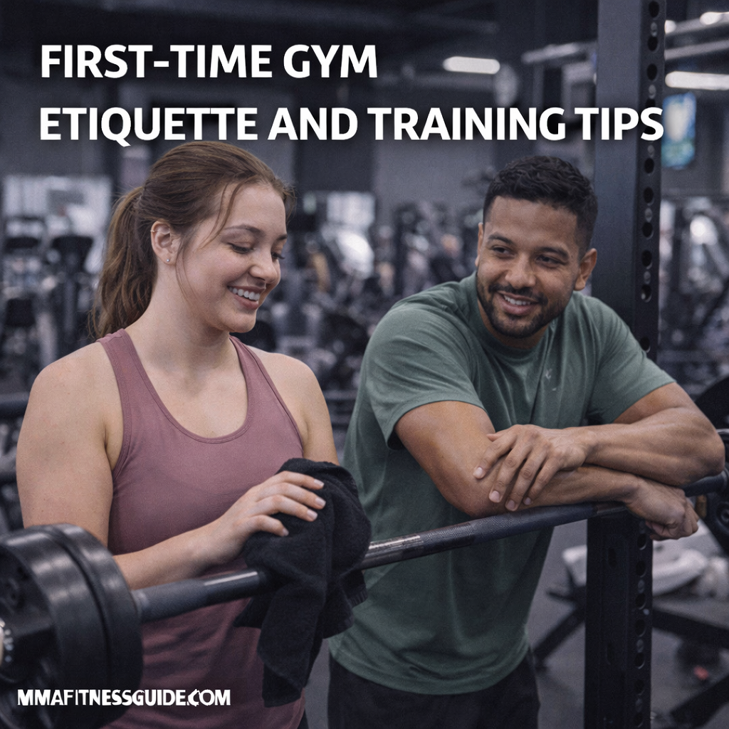 Beginner gym members practicing proper gym etiquette, including wiping equipment and sharing space, in a clean modern fitness facility.