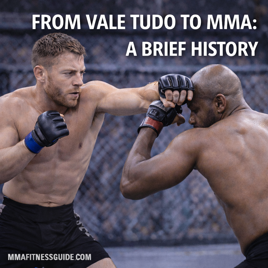 Two MMA fighters exchanging strikes inside a cage, representing the evolution from Vale Tudo to modern mixed martial arts.