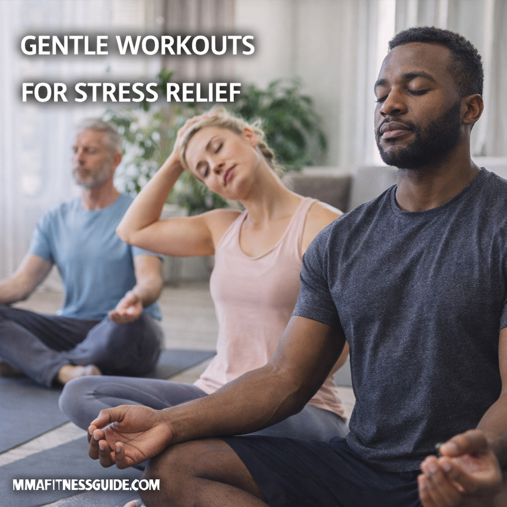People practicing gentle stress-relief workouts with stretching and meditation in a calm indoor setting to support relaxation and mental well-being.