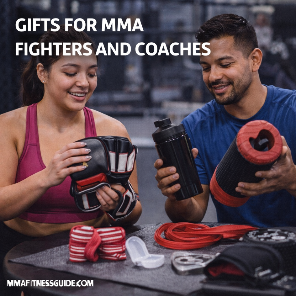 MMA fighters reviewing training gear and accessories in a gym, highlighting practical gift ideas for fighters and coaches.