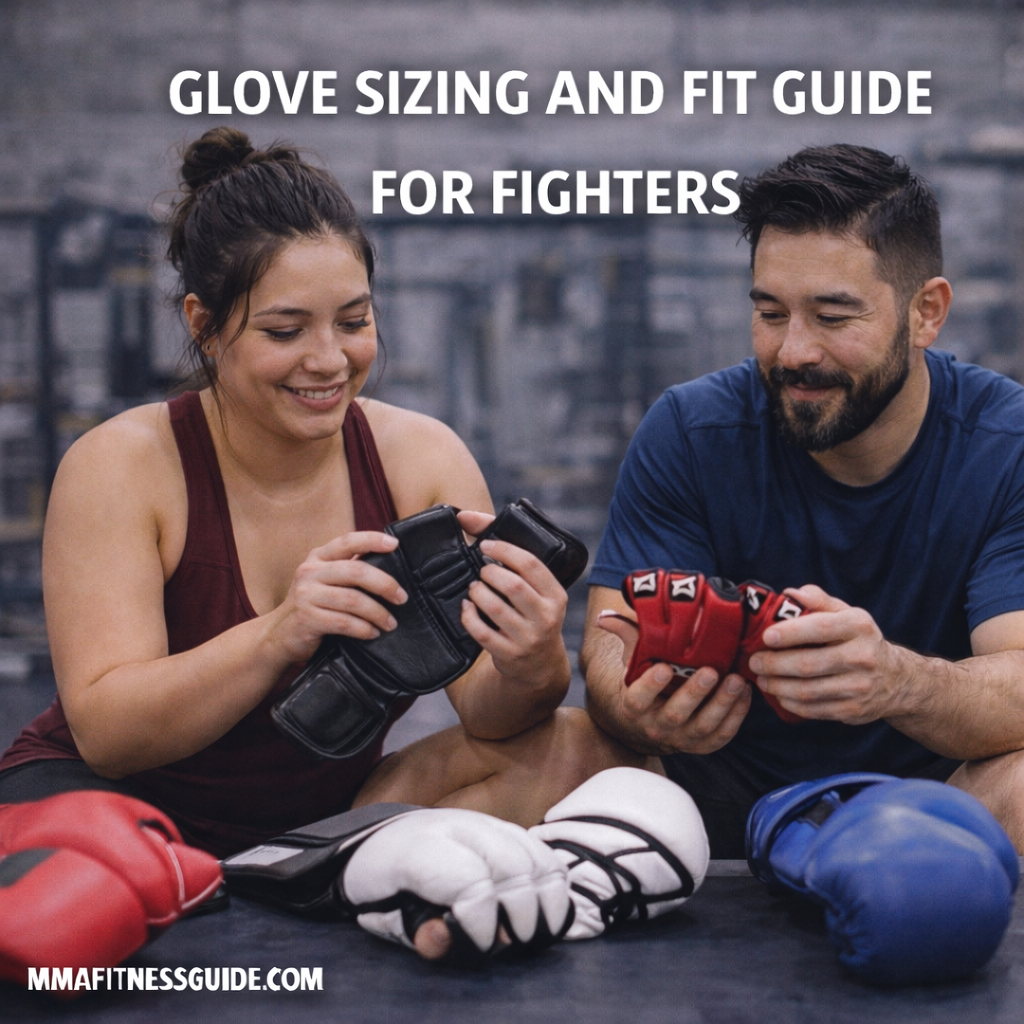 MMA fighters comparing glove sizes and fit in a gym, reviewing padding, finger length, and wrist support for proper training safety.