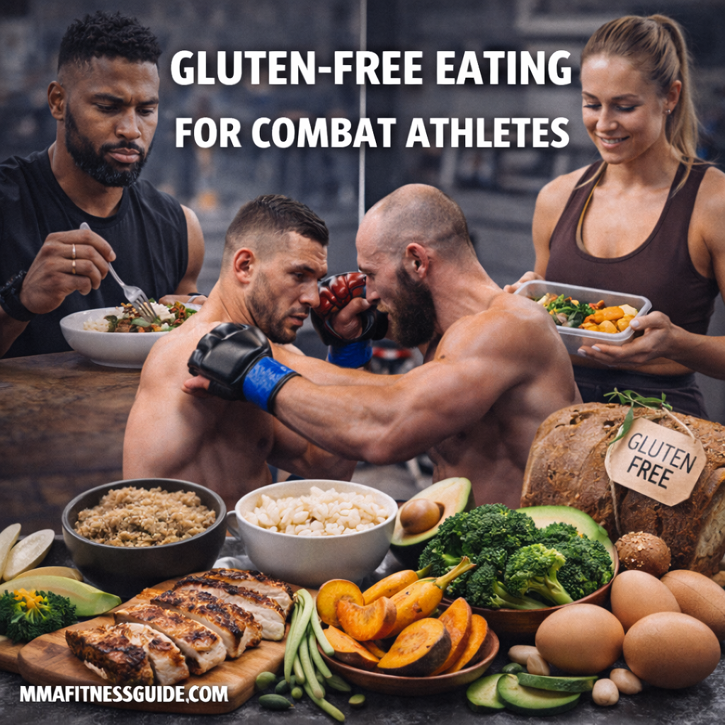 Combat athletes training and preparing balanced gluten-free meals to support performance, recovery, and energy levels.