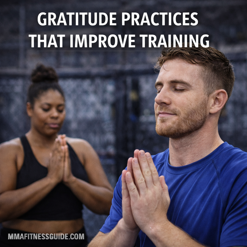 Male athlete practicing gratitude and mindfulness in a gym with a female athlete in the background, representing gratitude practices that support training.
