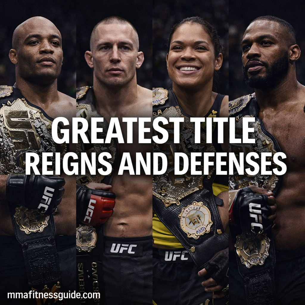 Legendary MMA champions holding championship belts representing the greatest title reigns and defenses in MMA history.
