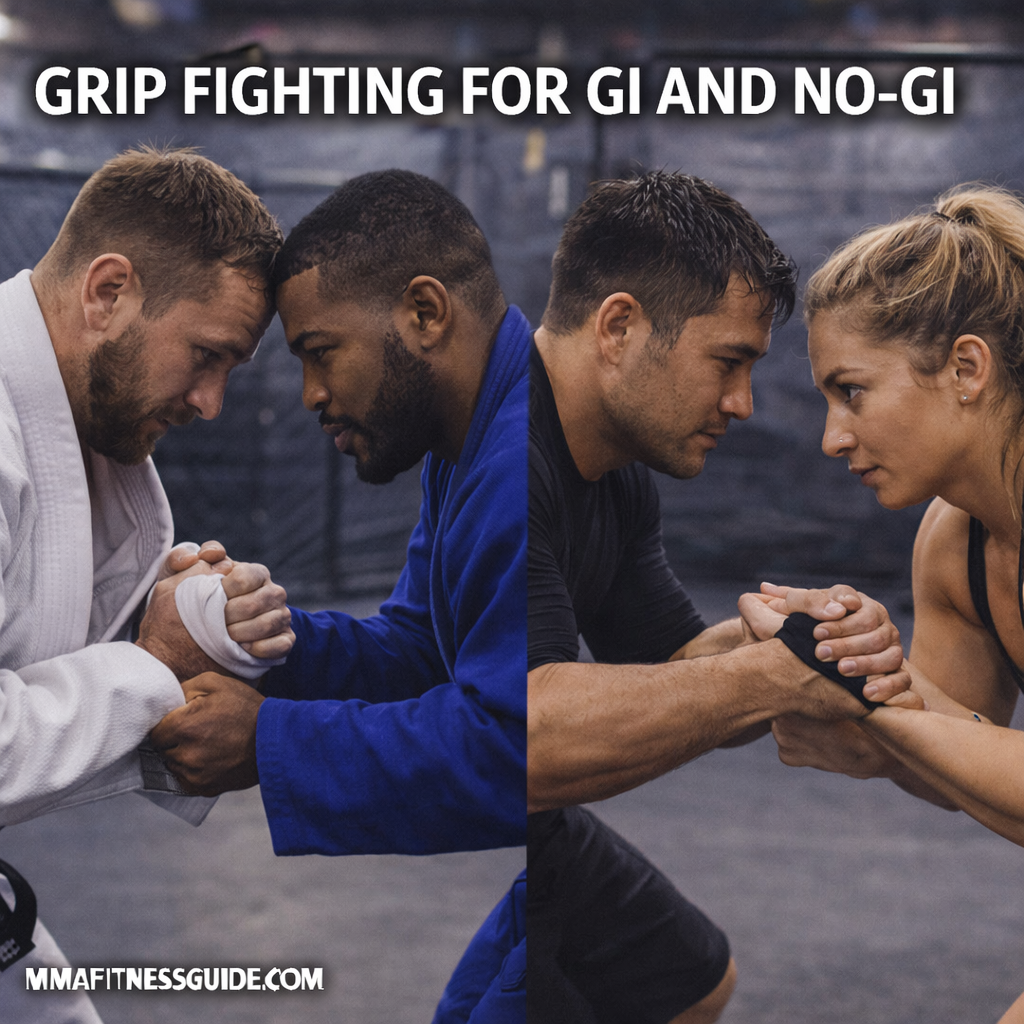 Grapplers practicing grip fighting in gi and no-gi training, showing hand control, posture, and connection in a gym setting.