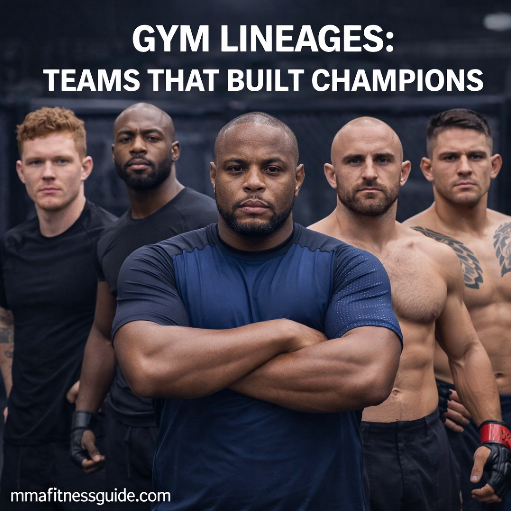 Group of elite MMA fighters standing together in a training gym, representing gym lineages and teams that built champions.