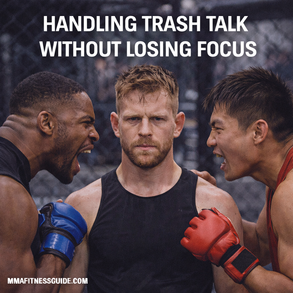MMA fighter maintaining composure in a gym environment, representing handling trash talk without losing focus during training and competition.