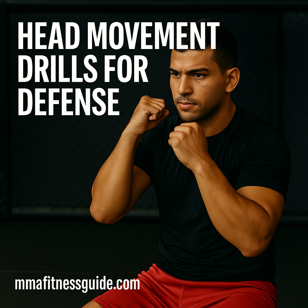 A tan-skinned male fighter in an MMA gym holding a hands-up guard stance while practicing controlled head positioning, shown with the article title and mmafitnessguide.com watermark.