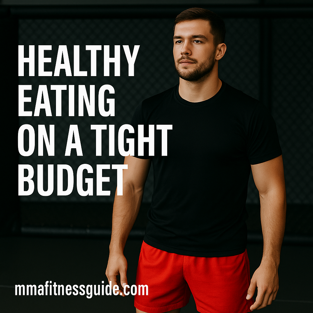 A male athlete wearing red shorts standing in an MMA gym with the title “Healthy Eating on a Tight Budget” displayed beside him and the mmafitnessguide.com watermark.