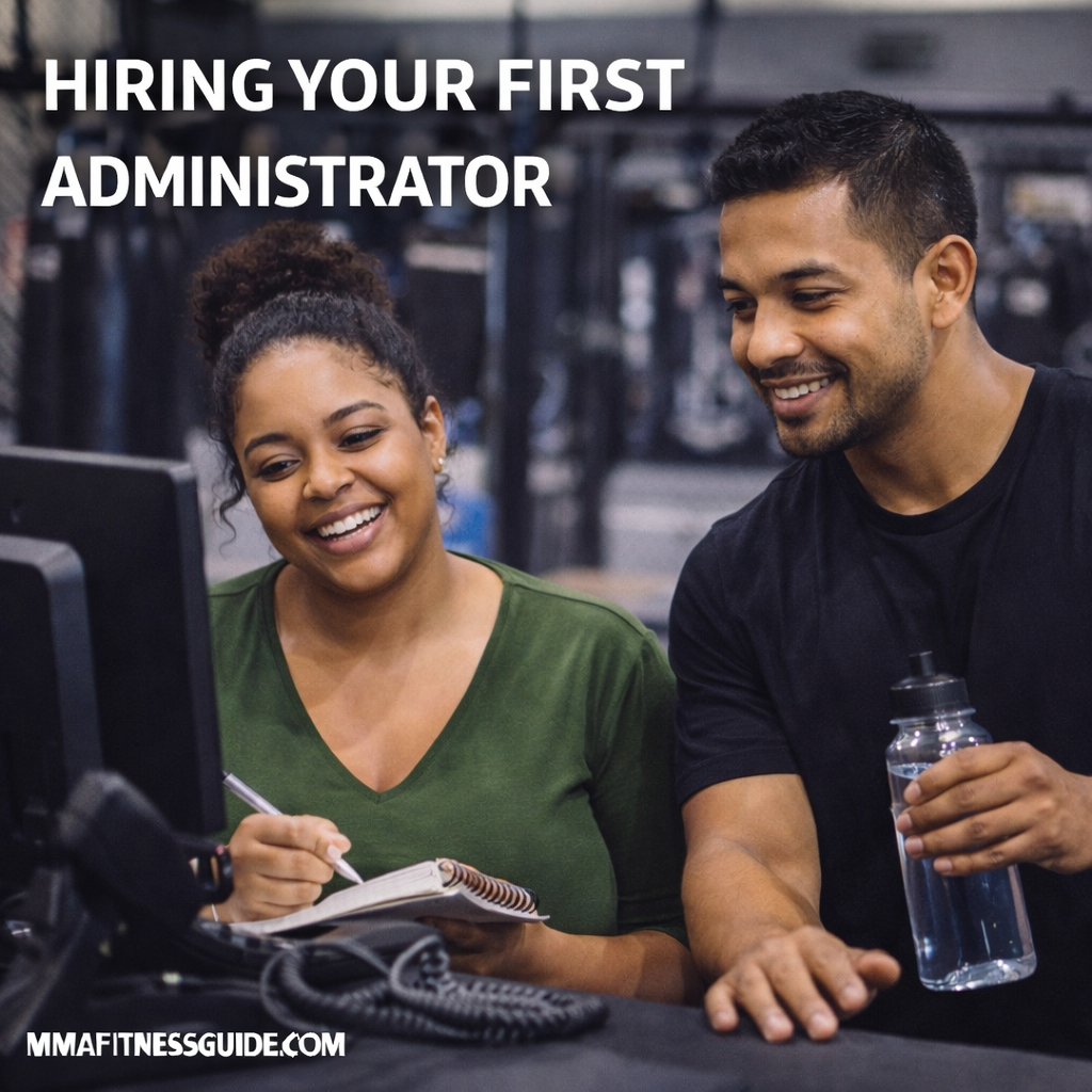 MMA gym owner meeting with an administrator candidate at a front desk, discussing operations and support roles inside a training facility.