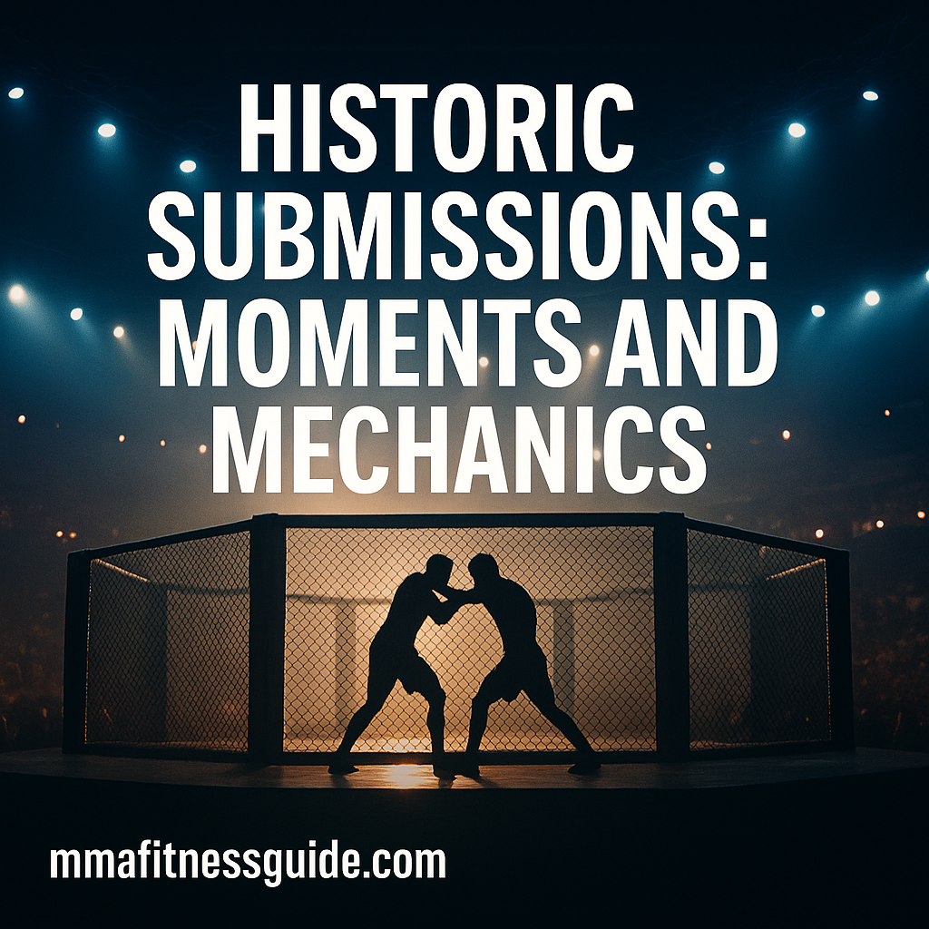 An MMA arena with dramatic lighting featuring two fighter silhouettes inside a cage, shown with the title “Historic Submissions: Moments and Mechanics” and the mmafitnessguide.com watermark.