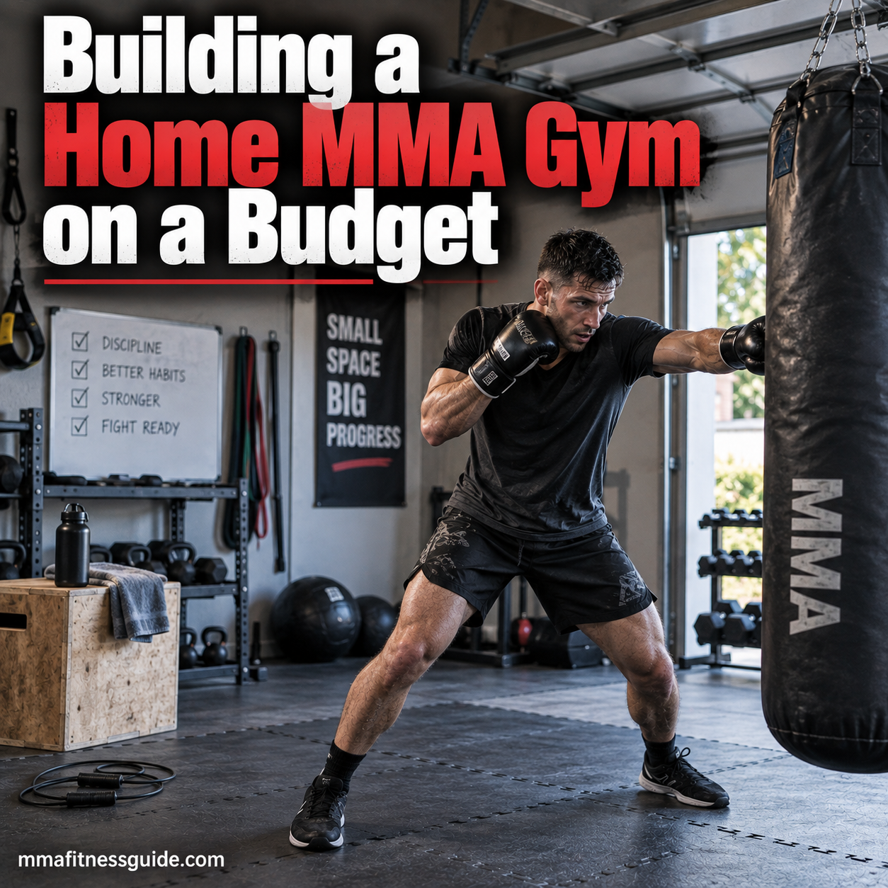 Fighter training on a heavy bag in a budget home MMA gym with mats, dumbbells, kettlebells, and conditioning equipment