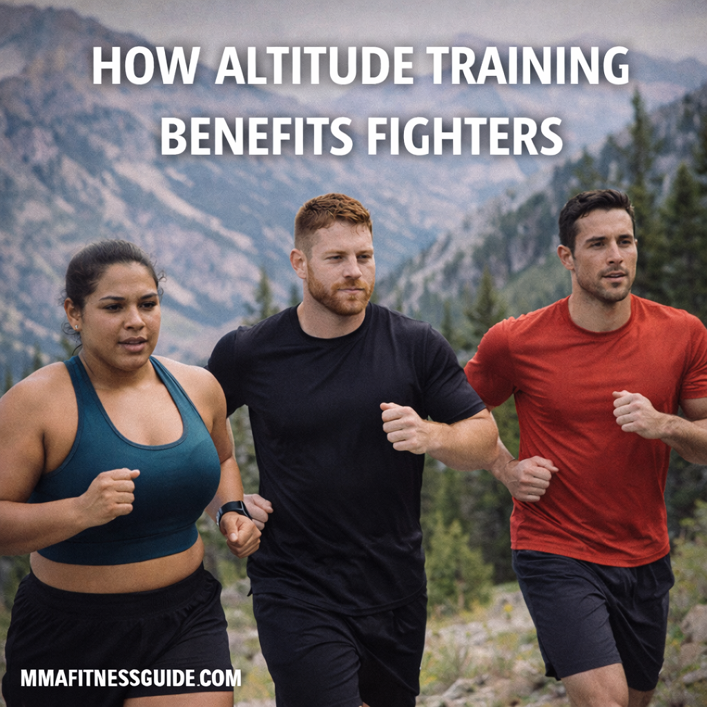 MMA fighters training at high altitude with mountains in the background, demonstrating conditioning and endurance benefits of altitude training.