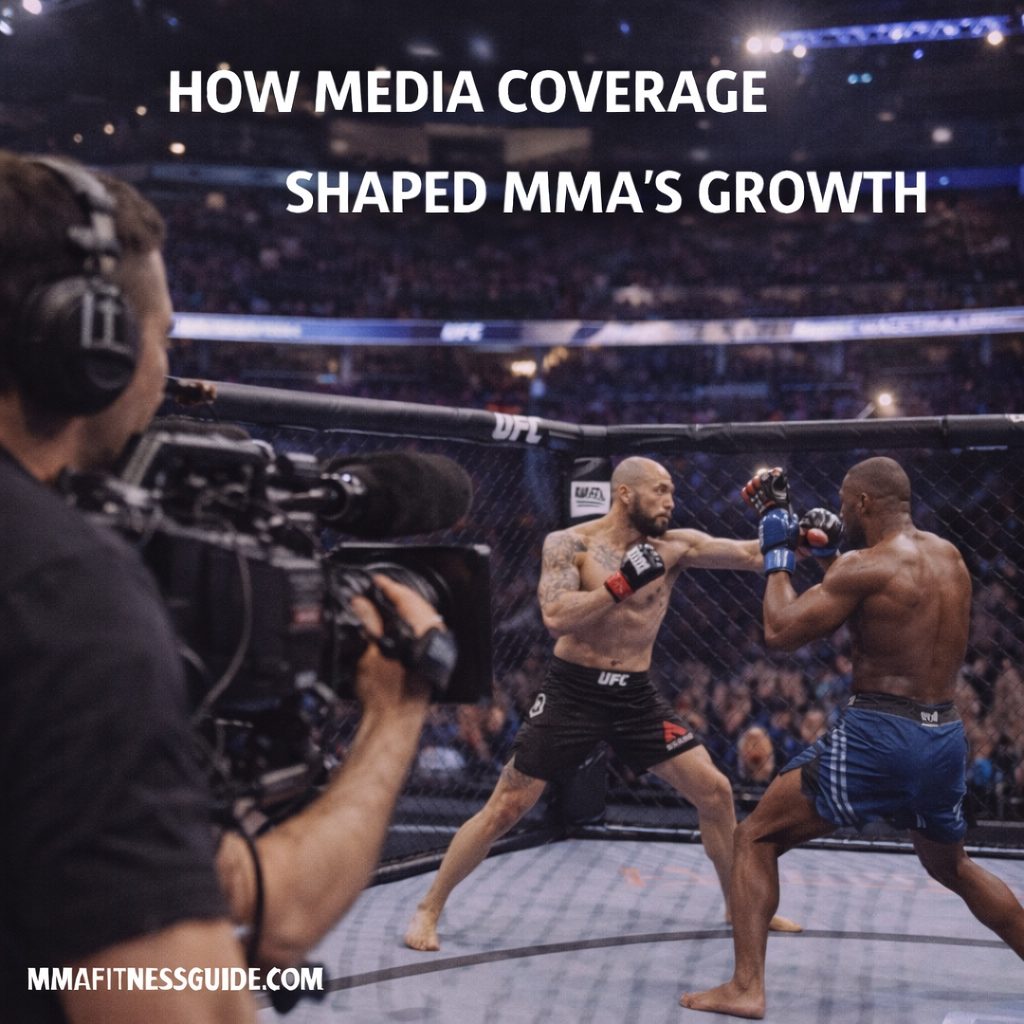 MMA fight inside a packed octagon filmed by a broadcast cameraman, illustrating how media coverage helped grow mixed martial arts globally.