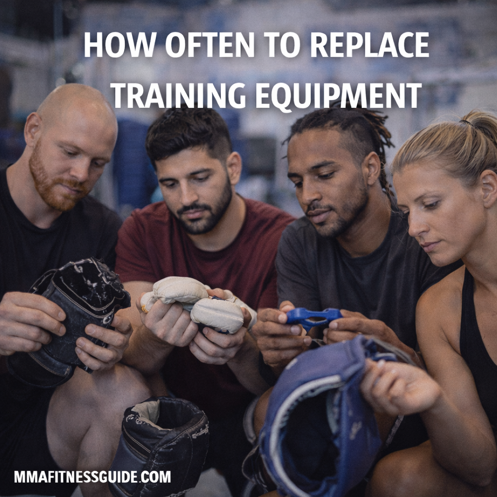 MMA fighters examining worn gloves, shin guards, and training gear in a gym, highlighting when to replace MMA training equipment.