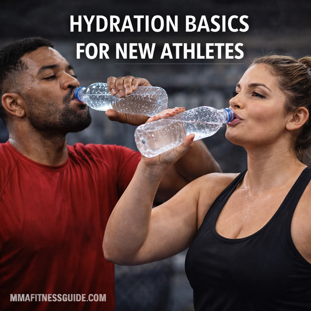 Two athletes drinking water in a gym to stay hydrated during training, illustrating hydration basics for new athletes.