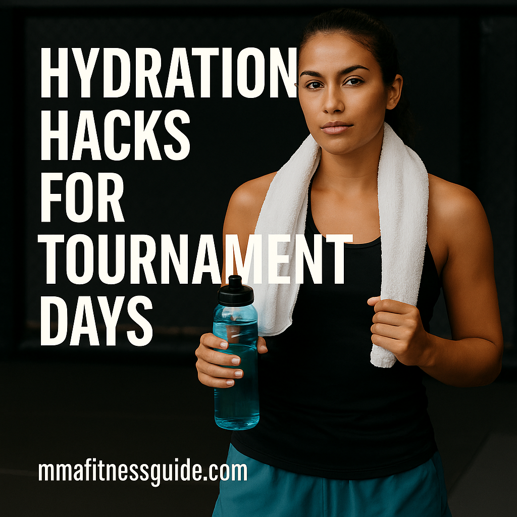 A tan-skinned female athlete standing in an MMA gym with a towel around her neck and holding a blue water bottle, shown with the title “Hydration Hacks for Tournament Days” and the mmafitnessguide.com watermark.