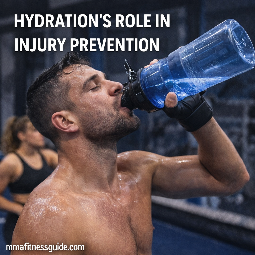 MMA fighter drinking water during training to support hydration and reduce injury risk, with another athlete stretching in the background.