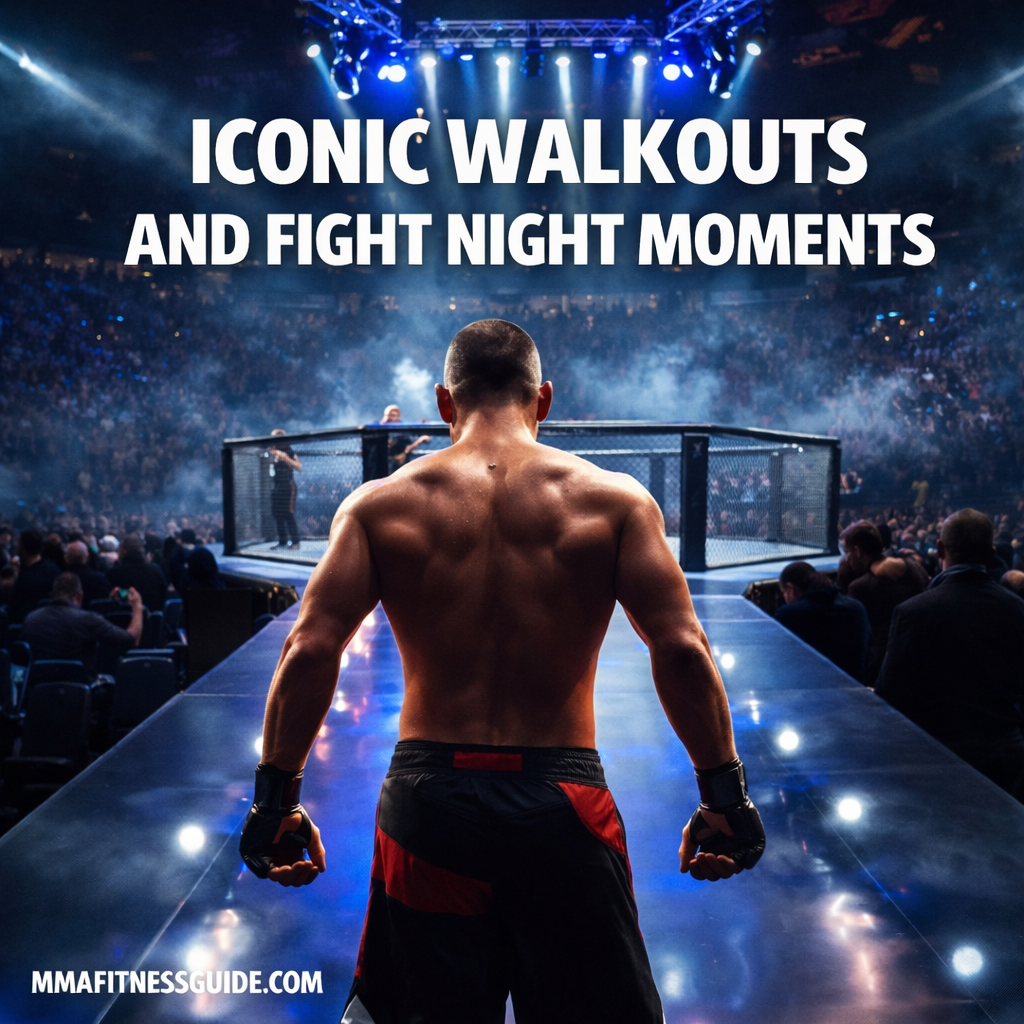 Iconic MMA fight night moment inside the octagon with fighters, crowd energy, and dramatic lighting.