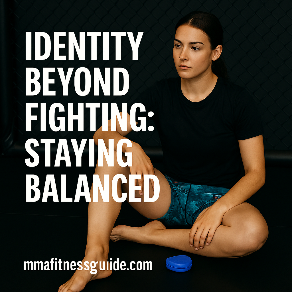 A female MMA athlete wearing colored shorts sitting on the gym mats in front of a chain-link wall, paired with the article title and mmafitnessguide.com watermark.