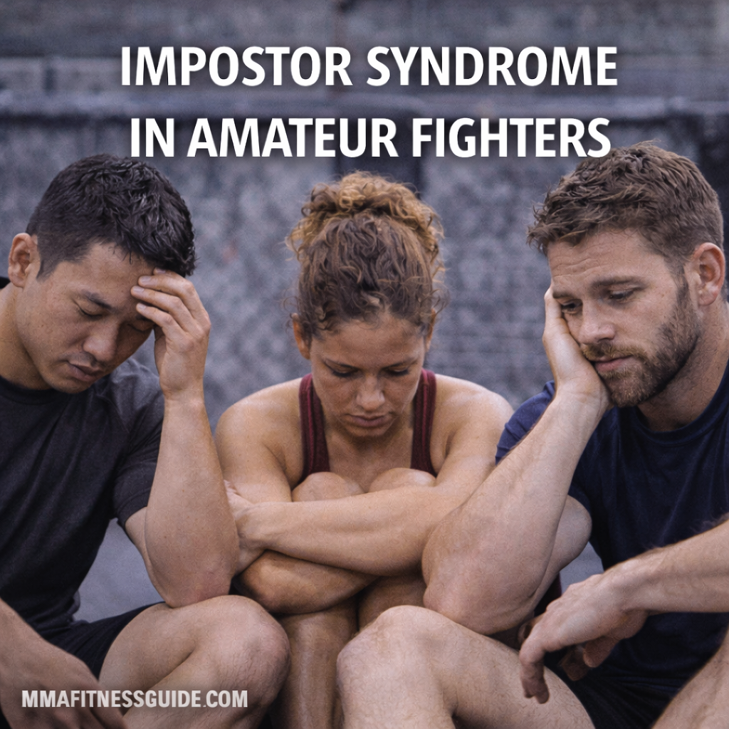 Amateur MMA fighters sitting in a gym showing self-doubt and reflection, representing impostor syndrome in combat sports.