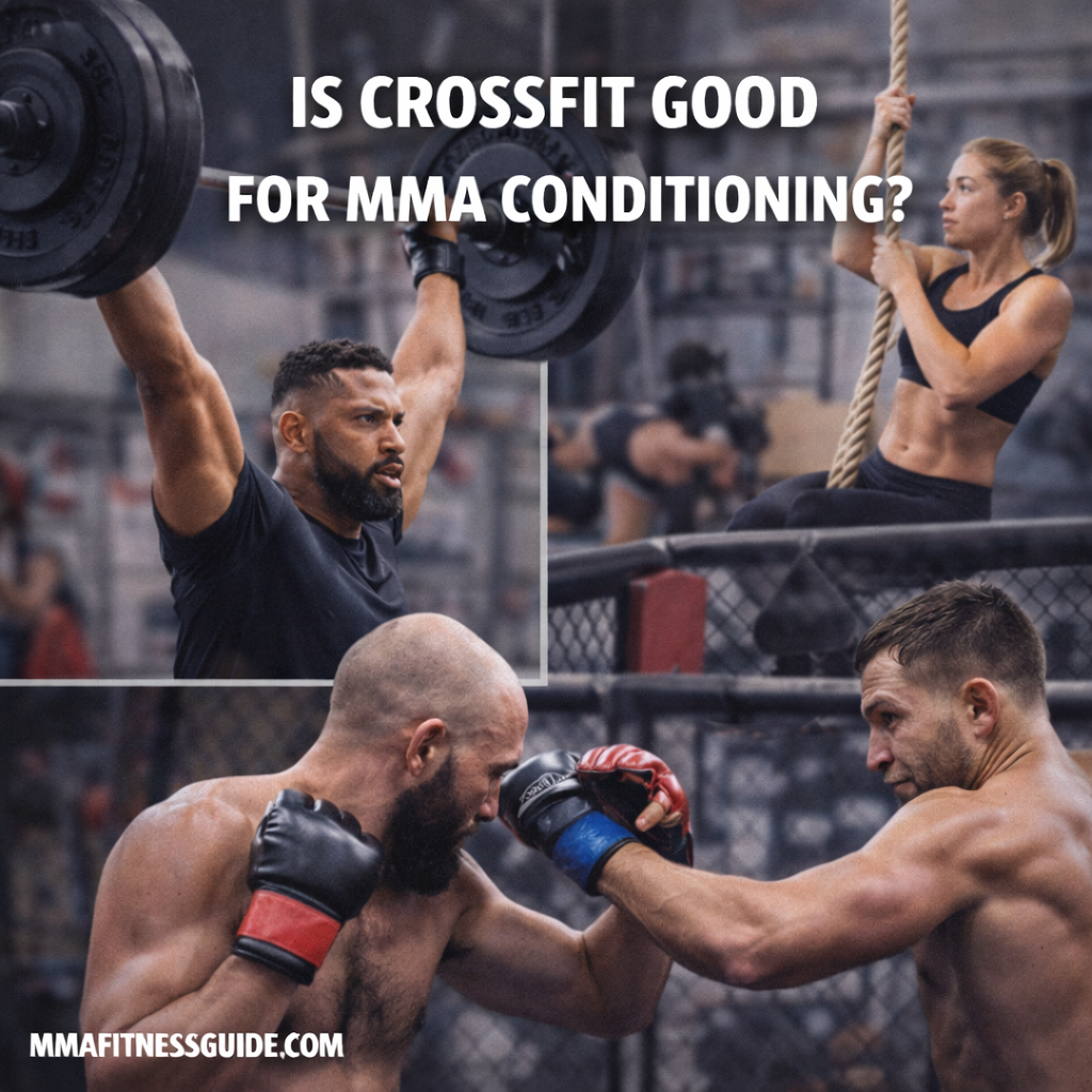 MMA fighters sparring in the cage alongside CrossFit-style strength training movements, comparing conditioning methods for fight performance.