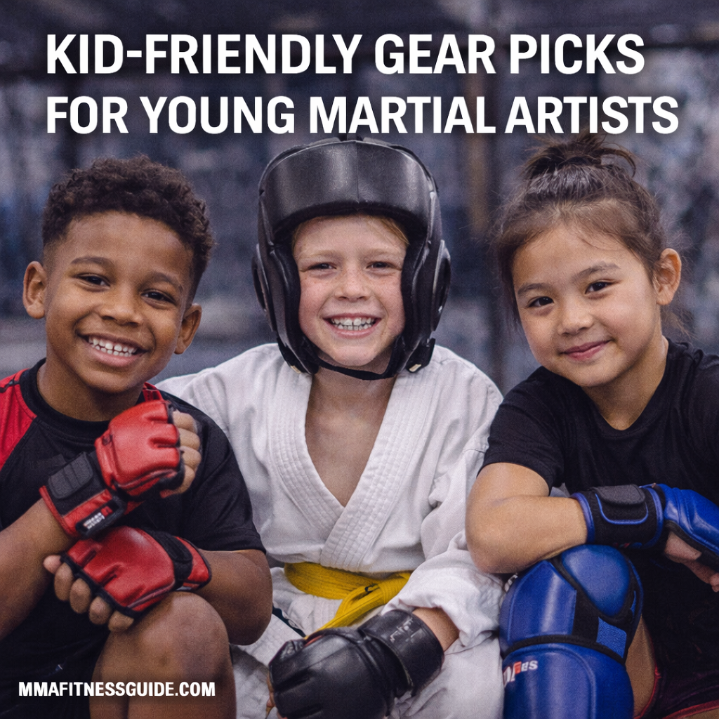 Young martial artists wearing kid-friendly MMA and martial arts protective gear, showing safe and comfortable training equipment for children.