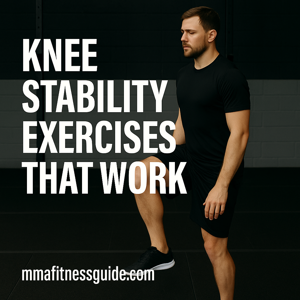 A man performing a knee stability drill on one leg inside a gym, demonstrating exercises that help strengthen and stabilize the knees for combat sports.