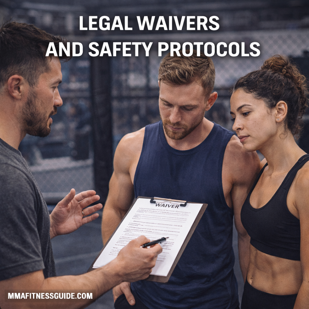 MMA gym coach reviewing a legal waiver and safety procedures with athletes before training, representing risk management and safety protocols.