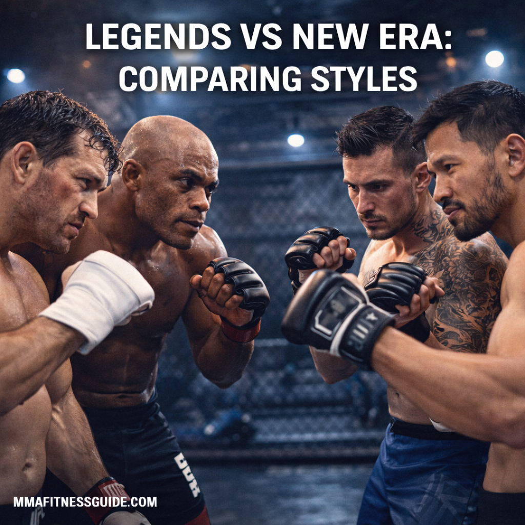 Cinematic MMA faceoff showing legendary fighters versus modern-era athletes inside an octagon, illustrating the evolution of fighting styles across generations.