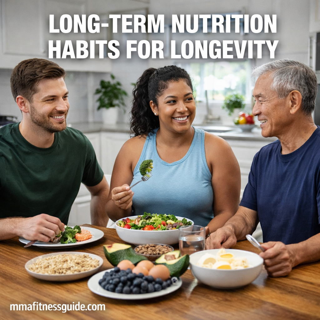 A diverse group of adults enjoying a balanced, nutrient-rich meal that supports long-term nutrition habits and longevity.
