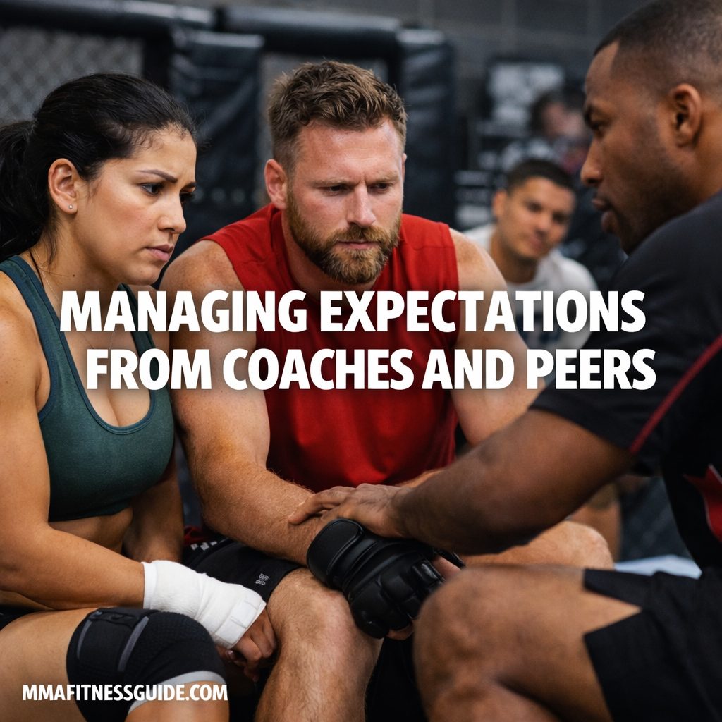 MMA athletes listening to a coach while discussing performance pressure and expectations in a gym setting.