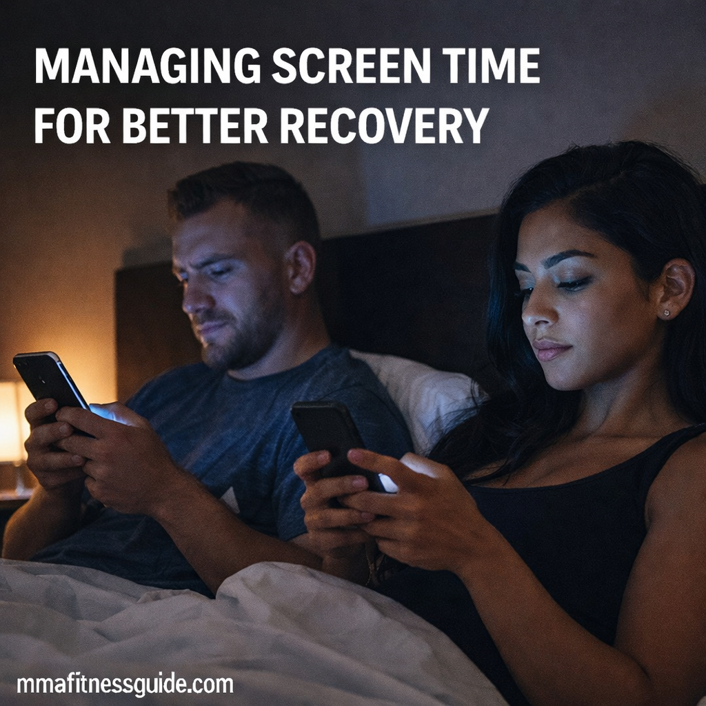 Male MMA athlete and attractive female using smartphones in bed at night, highlighting the impact of screen time on recovery and sleep.