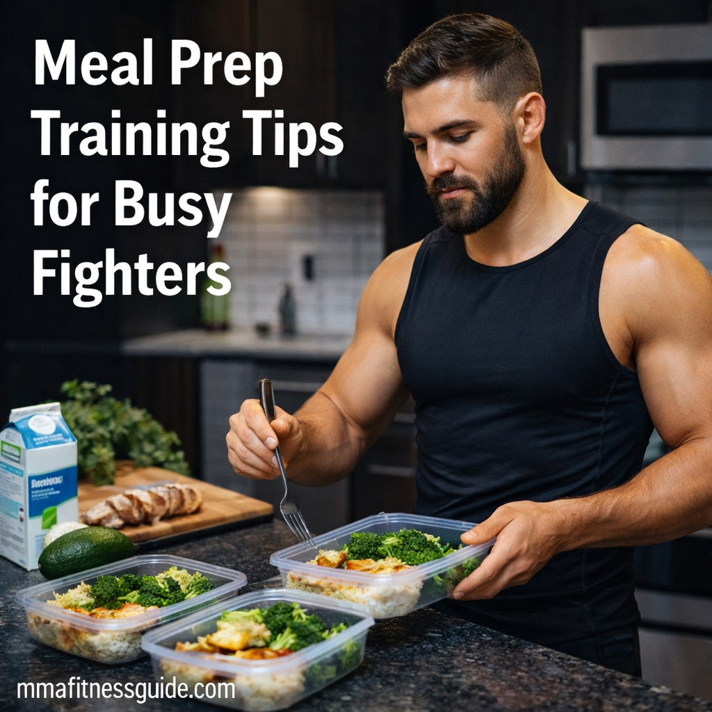 MMA fighter preparing healthy meals in a kitchen as part of meal prep training for busy fighters.