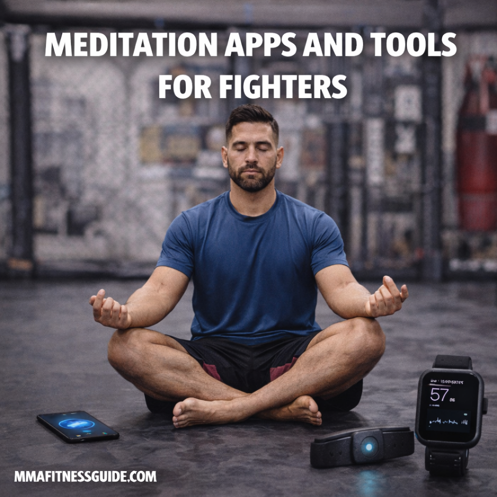 MMA fighter meditating on a gym mat using a meditation app and wearable tools to improve focus and mental recovery.